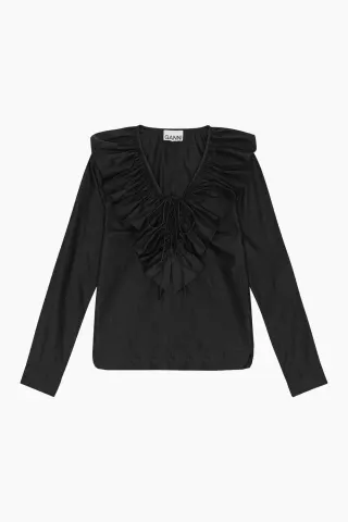 GANNI Cotton Poplin Ruffle V-neck Blouse F9059 – sort — produktfoto