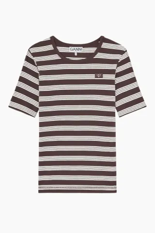 GANNI Soft Cotton Rib Short Sleeve T-shirt Stripe – Mole — produktfoto