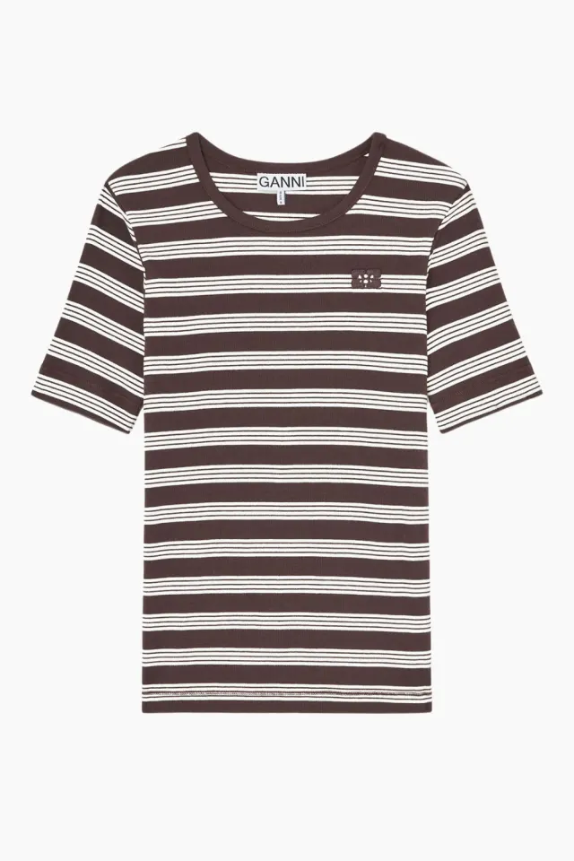 GANNI Soft Cotton Rib Short Sleeve T-shirt Stripe – Mole — produktfoto
