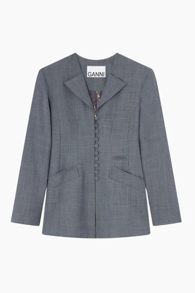 GANNI Wool Melange Suiting Long Button Blazer A1020052 – Phantom — produktfoto
