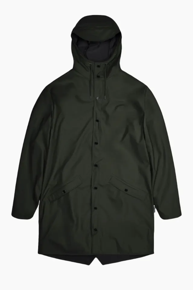 Rains Long Jacket W3 – grøn — produktfoto