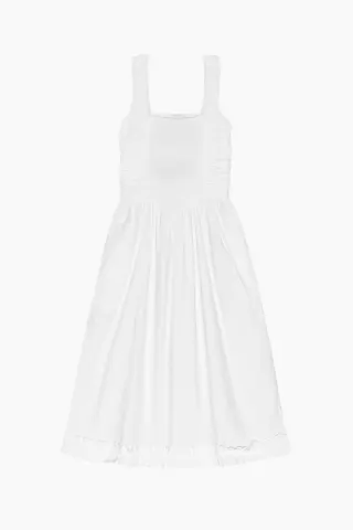 GANNI Cotton Poplin Midi Strap Smock Dress F9438 – Bright White — produktfoto