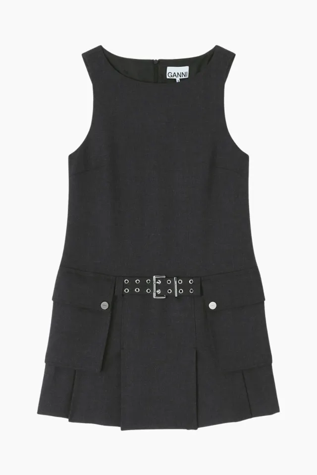 GANNI Wool Suiting Belted Mini Dress A1030115 – Phantom — produktfoto