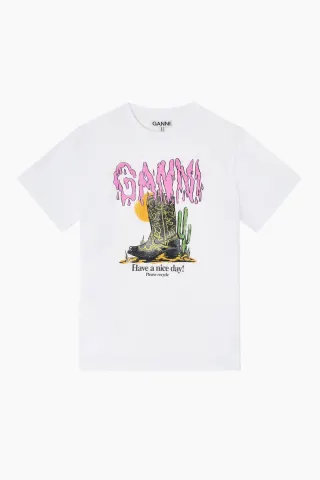 GANNI Basic Cotton Jersey T-shirt Boots Print A1050075 – Bright White — produktfoto
