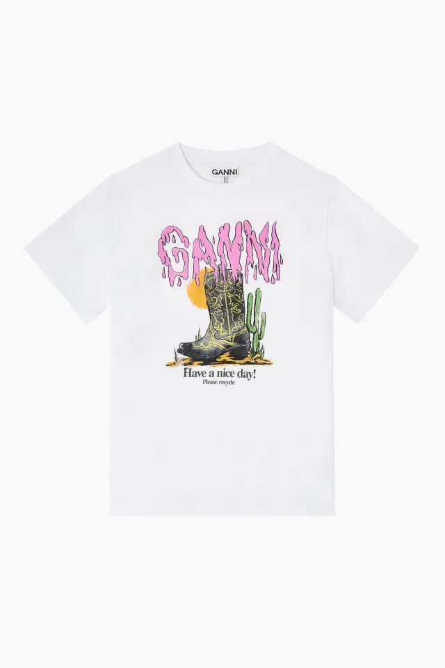 GANNI Basic Cotton Jersey T-shirt Boots Print A1050075 – Bright White — produktfoto
