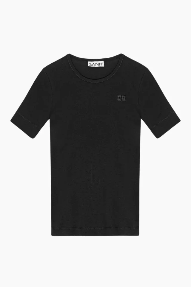 GANNI Soft Cotton Rib Short Sleeve T-Shirt T4012 – sort — produktfoto