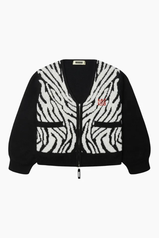 Woodbird WBFen Zebra Zip Cardigan – Black/White — produktfoto