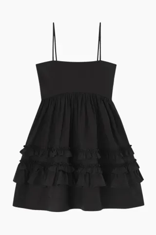 GANNI Stretch Cotton Mini Strap Dress w. Frills – sort — produktfoto
