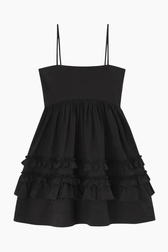 GANNI Stretch Cotton Mini Strap Dress w. Frills – sort — produktfoto