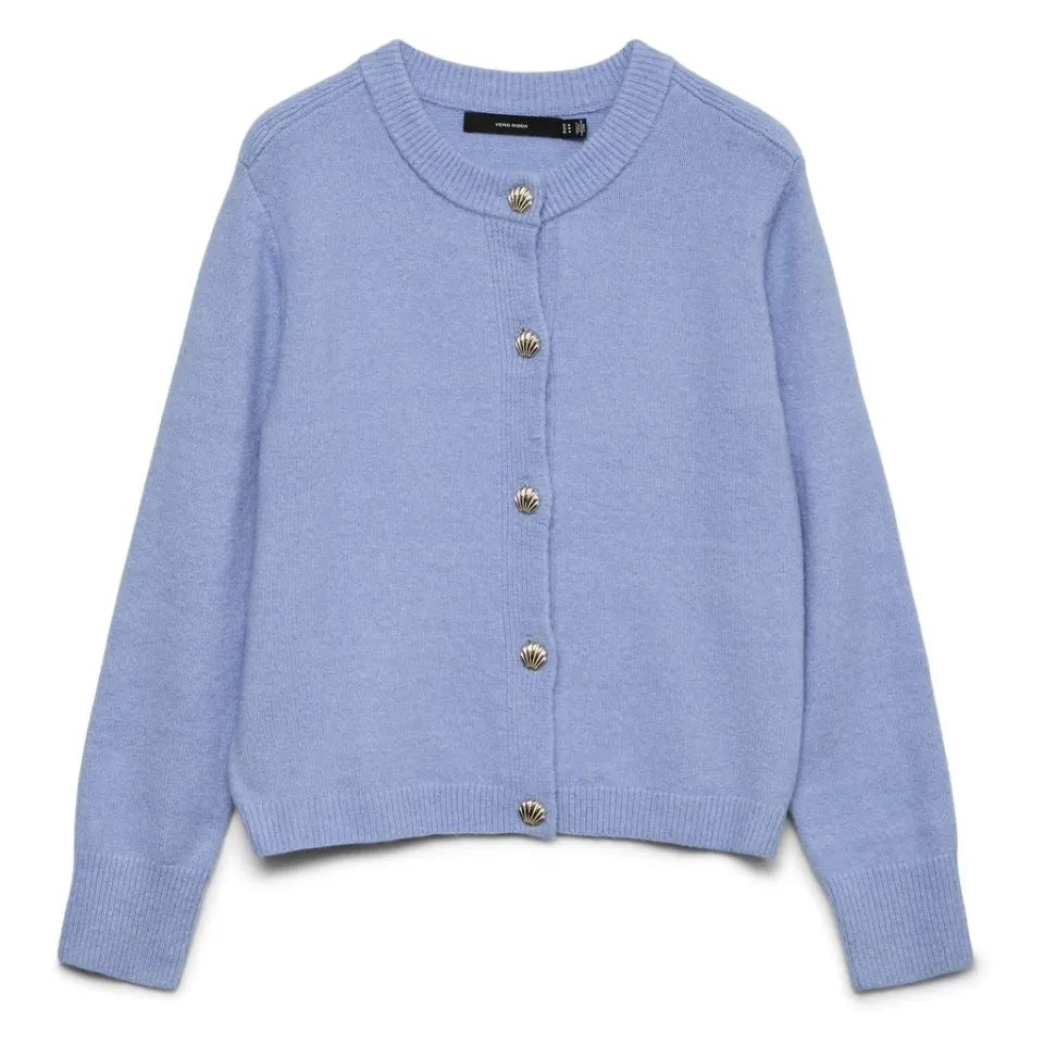 Vero Moda cardigan Vmfiona – Brunnera Blue MELANGE W. GOLD SEASHELL BUTTON — produktfoto