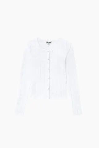 GANNI Compact Pointelle Rib Jersey LS Button Top A1040448 – Bright White — produktfoto