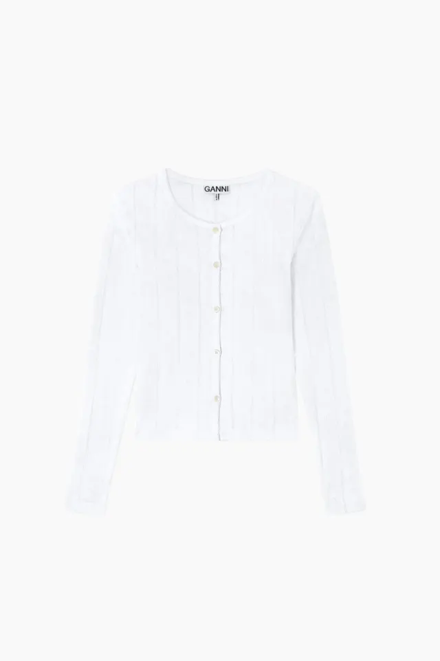 GANNI Compact Pointelle Rib Jersey LS Button Top A1040448 – Bright White — produktfoto