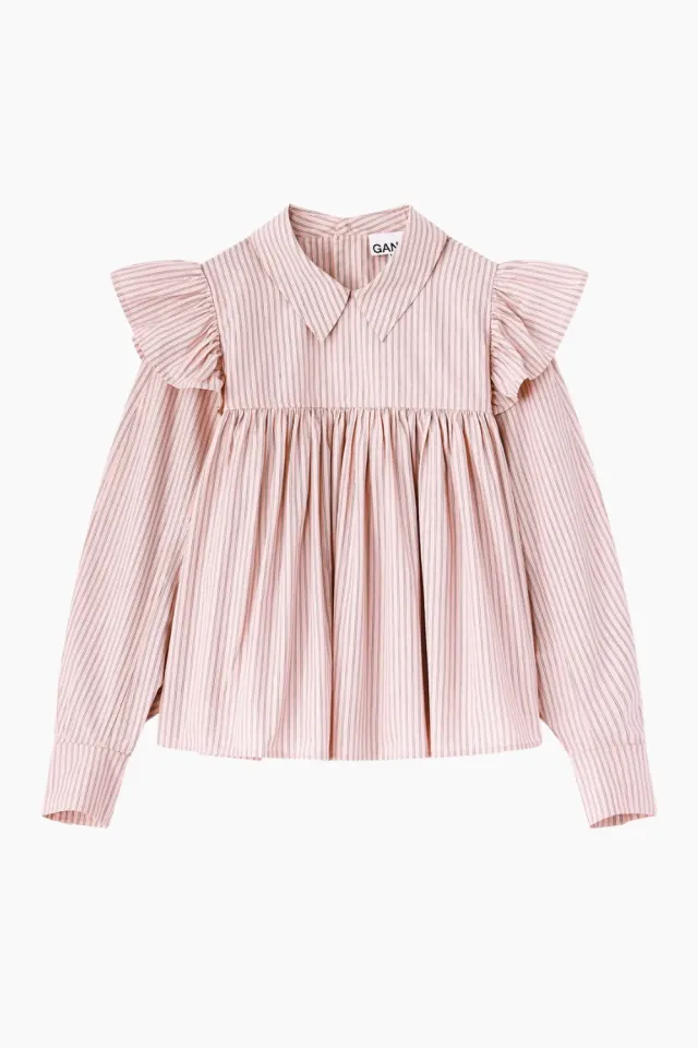 GANNI Oxford Stripe Frill Blouse A1040084 – Chalk Pink — produktfoto