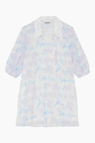 GANNI Pleated Georgette V-neck Mini Dress – Cherry Blossom — produktfoto