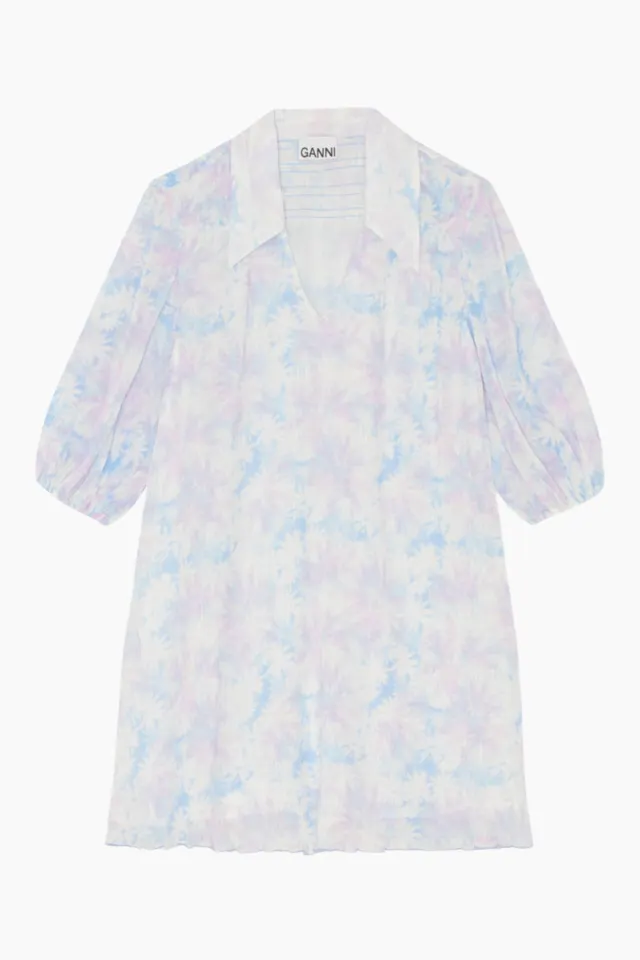 GANNI Pleated Georgette V-neck Mini Dress – Cherry Blossom — produktfoto