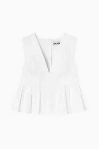 GANNI Stretch Cotton V-neck Pocket Blouse A1040124 – Bright White — produktfoto