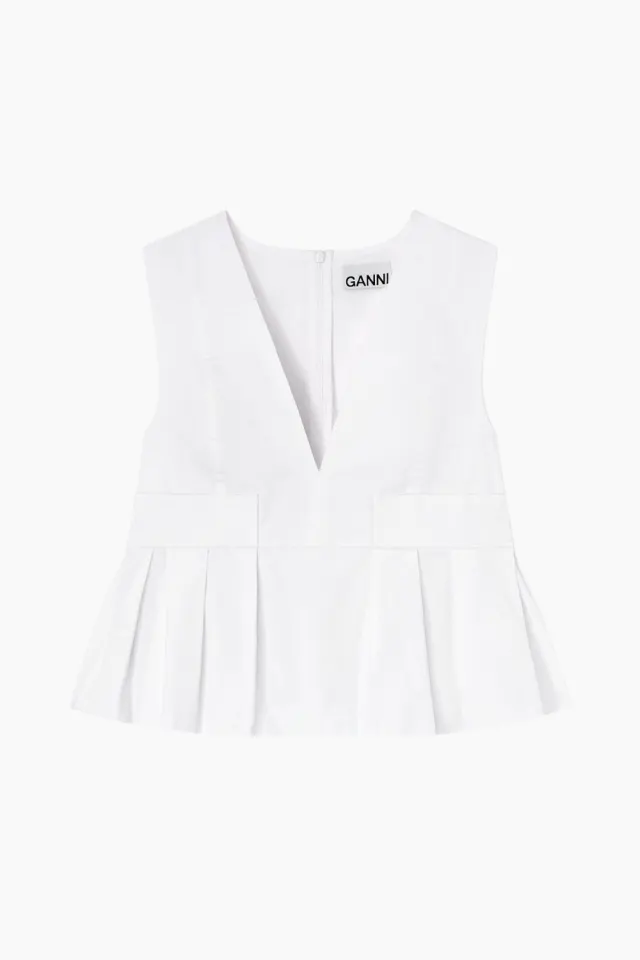 GANNI Stretch Cotton V-neck Pocket Blouse A1040124 – Bright White — produktfoto