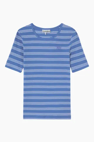 GANNI Soft Cotton Rib Stripe Tee A1050256 – Nouvean Navy — produktfoto