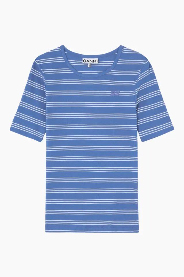 GANNI Soft Cotton Rib Stripe Tee A1050256 – Nouvean Navy — produktfoto