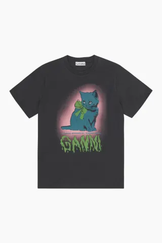 GANNI Basic Cotton Jersey Neon Kitty T-Shirt T4340 – Phantom — produktfoto