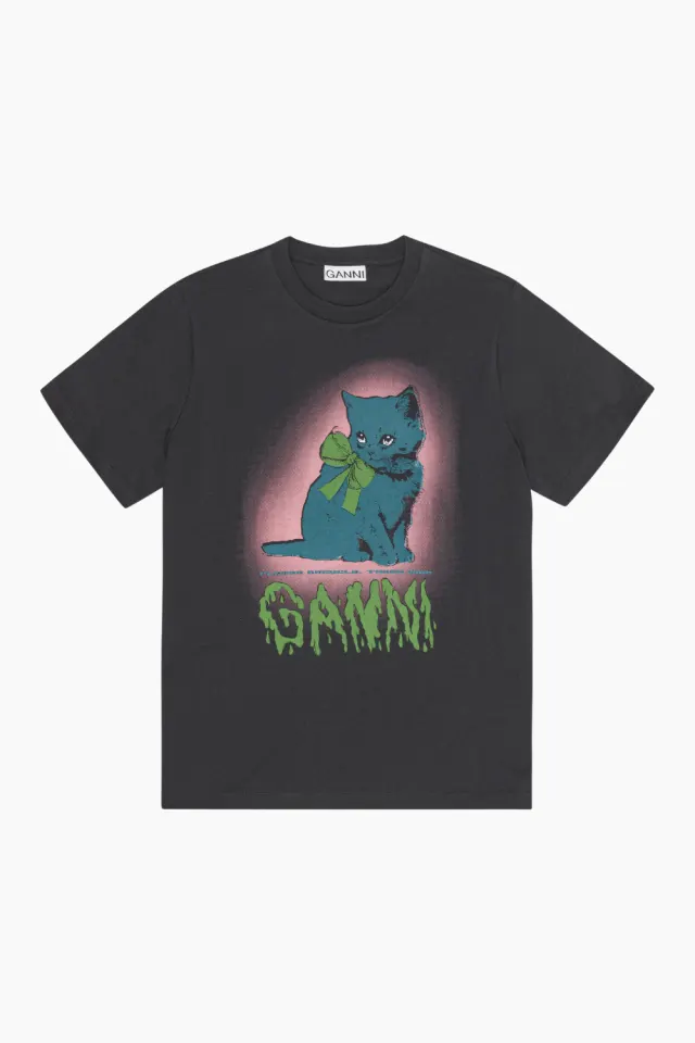 GANNI Basic Cotton Jersey Neon Kitty T-Shirt T4340 – Phantom — produktfoto