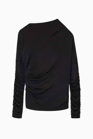 GANNI Shiny Jersey Ruched Top T4393 – sort — produktfoto