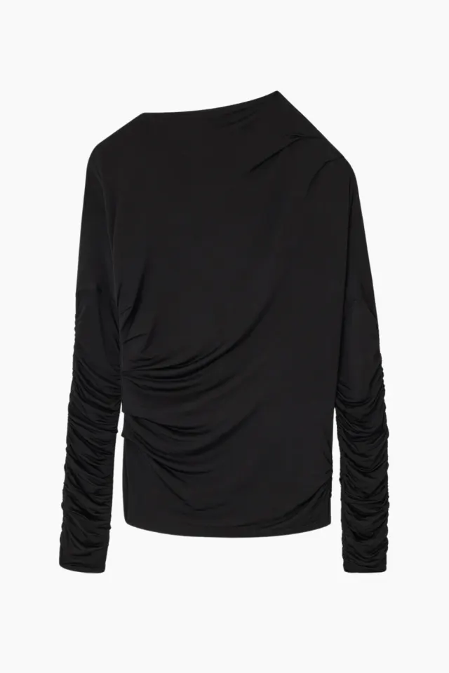 GANNI Shiny Jersey Ruched Top T4393 – sort — produktfoto