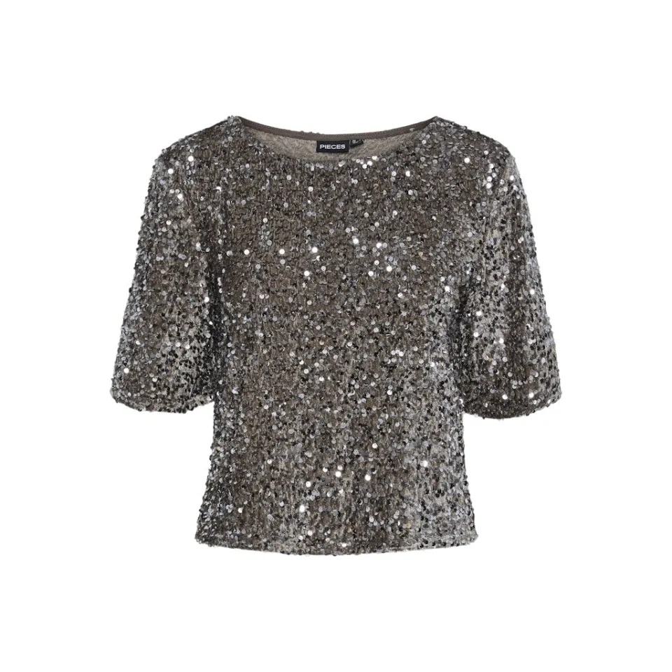 Pieces top Pckam med korte ærmer – Morel Silver sequins — produktfoto