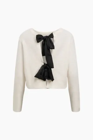 .Object Objparvi Sateen Bow Knit Cardigan Div - White Sand/Black Bows – Object — produktfoto