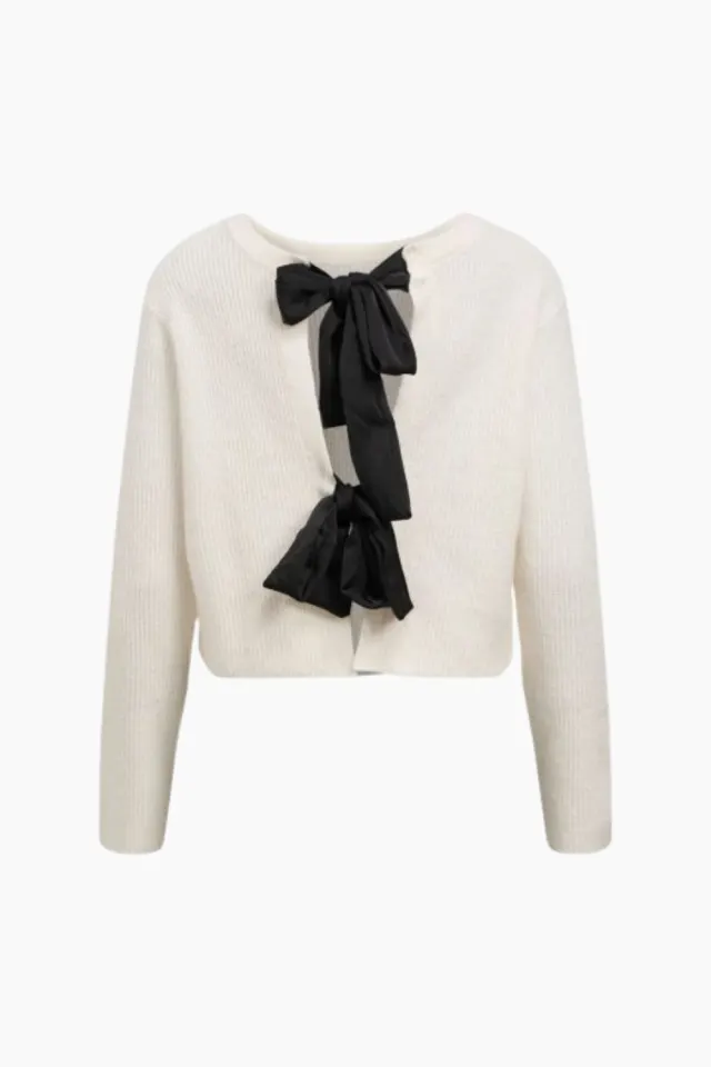 .Object Objparvi Sateen Bow Knit Cardigan Div - White Sand/Black Bows – Object — produktfoto
