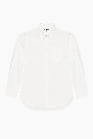 GANNI Compact Poplin Pleated Sleeve Shirt A1140032 – Bright White — produktfoto