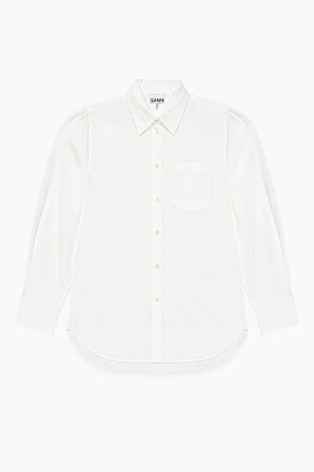 GANNI Compact Poplin Pleated Sleeve Shirt A1140032 – Bright White — produktfoto