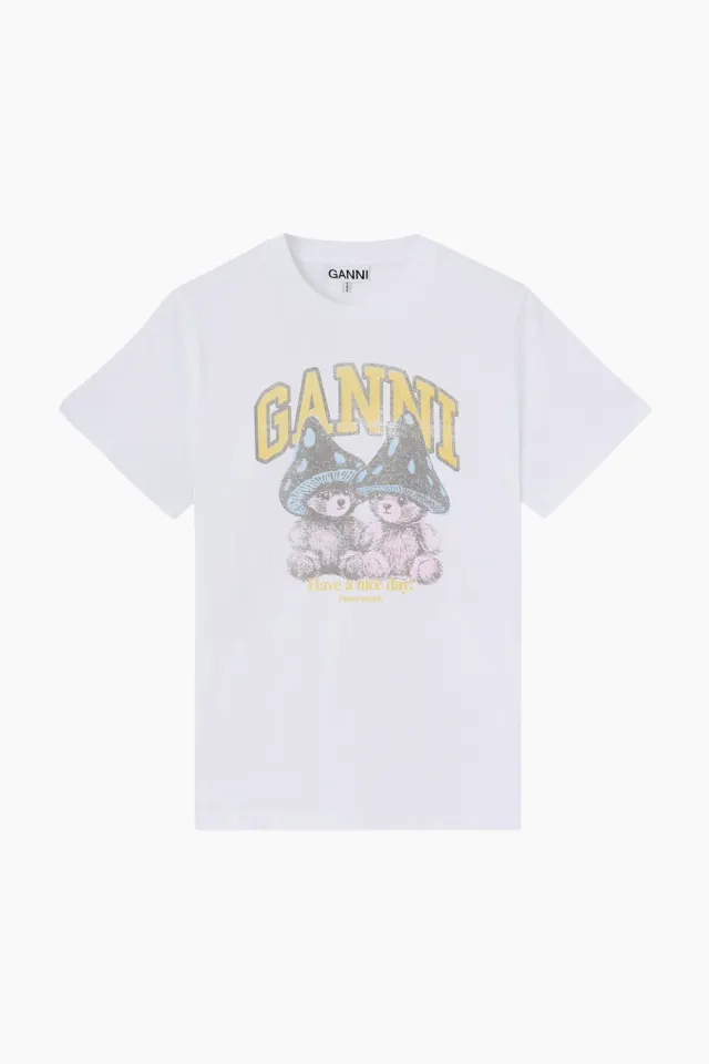 GANNI Basic Cotton Relaxed T-shirt Teddy Mushrooms A1050311 – Bright White — produktfoto