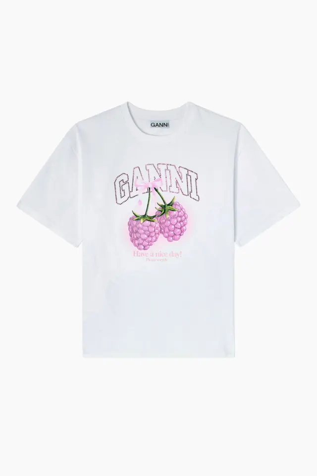 GANNI Heavy Cotton Jersey Raspberry T-shirt A1050140 – Bright White — produktfoto