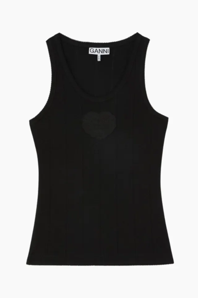 GANNI Compact Pointelle Rib Jersey Tank Top A1040451 – sort — produktfoto
