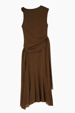 GANNI Marl Mesh Draped Knot Detailing Long Dress A1030487 – Demitasse — produktfoto