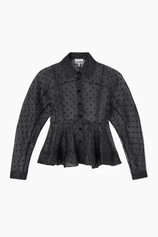 GANNI Flocked Organza Peplum Shirt – sort — produktfoto