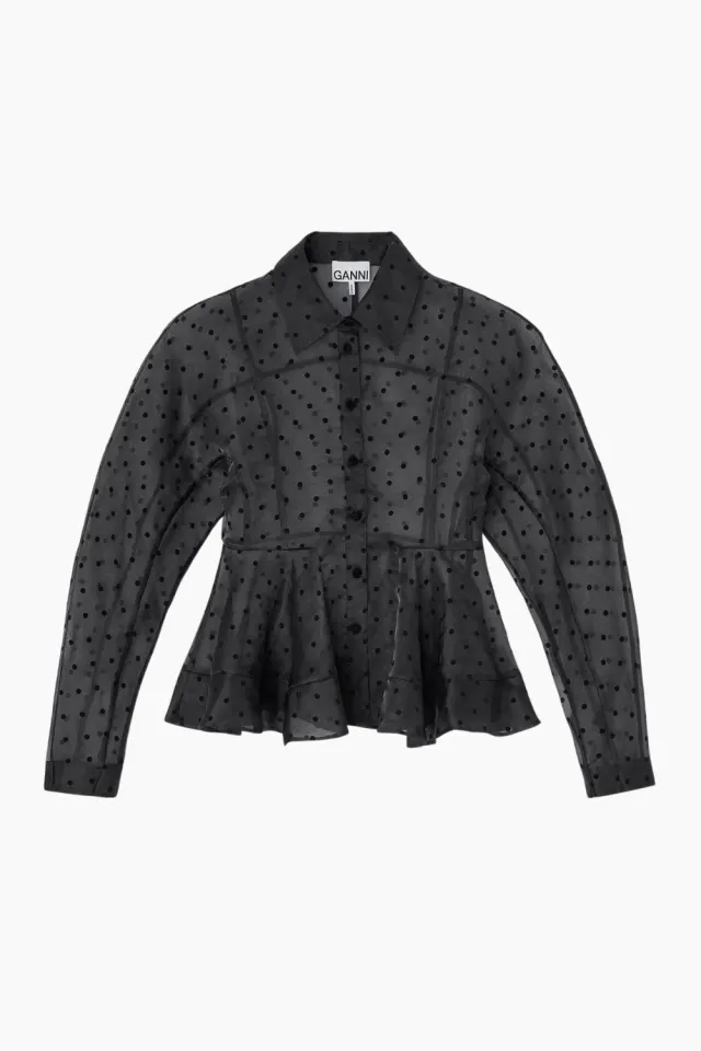 GANNI Flocked Organza Peplum Shirt – sort — produktfoto