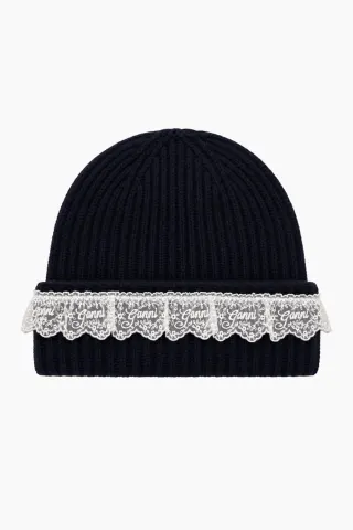GANNI Compact Wool Lace Beanie – Sky Captain — produktfoto