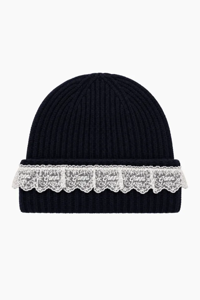 GANNI Compact Wool Lace Beanie – Sky Captain — produktfoto