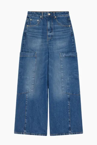 GANNI Rigid Denim Baggy Cargo Jeans A1100180 – Mid Blue Stone — produktfoto