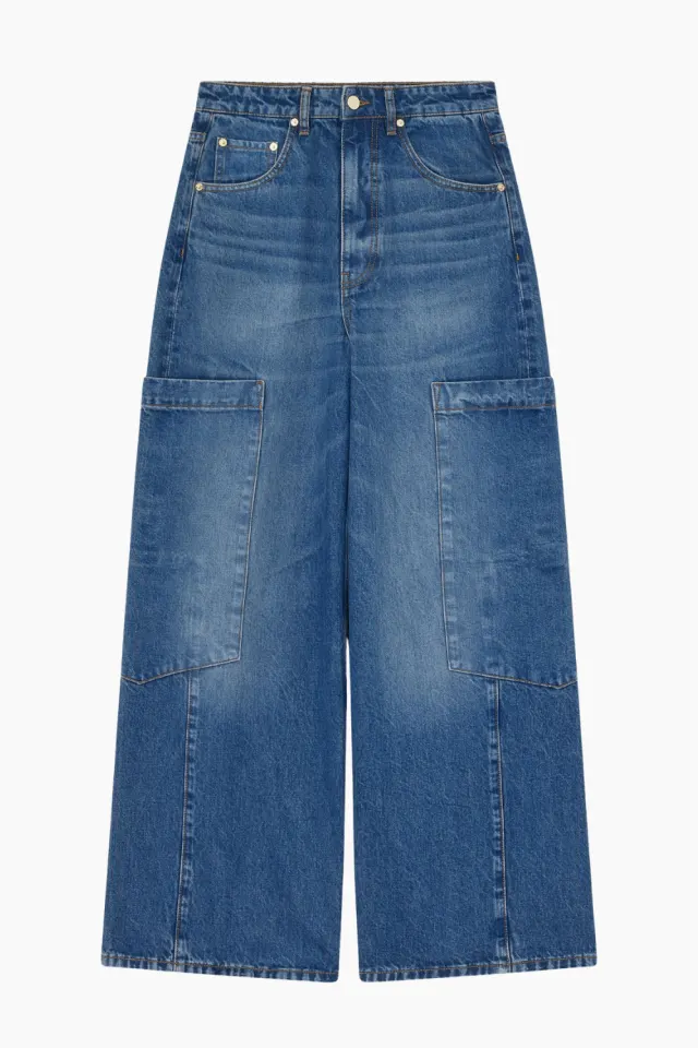 GANNI Rigid Denim Baggy Cargo Jeans A1100180 – Mid Blue Stone — produktfoto