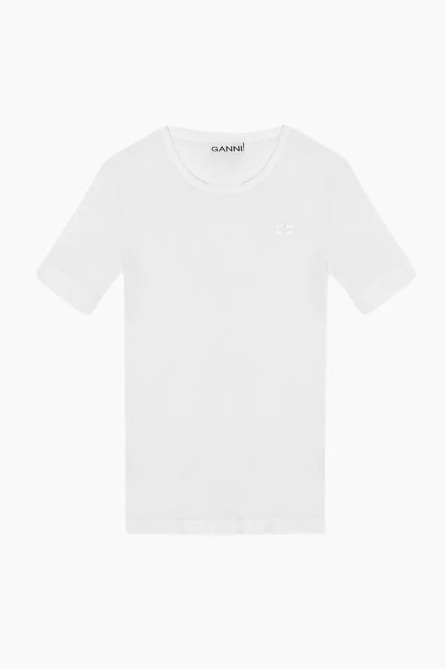 GANNI Soft Cotton Rib Short Sleeve T-Shirt T3941 – Bright White — produktfoto