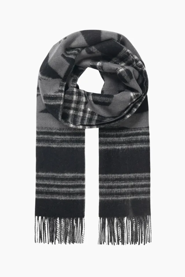 Mads Nørgaard Woven Wool Logo Scarf – Black/Vanilla Ice — produktfoto