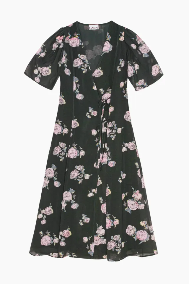 GANNI Fluid Crepe Wrap Midi Dress F9504 – Climbing Ivy — produktfoto
