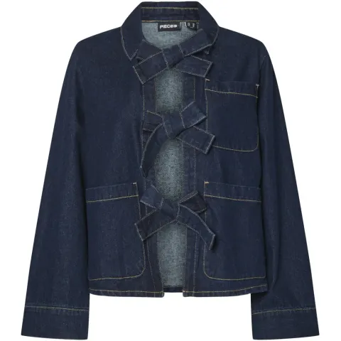 Pieces skjorte Pcofelia – Medium Blue Denim Black satin bow — produktfoto