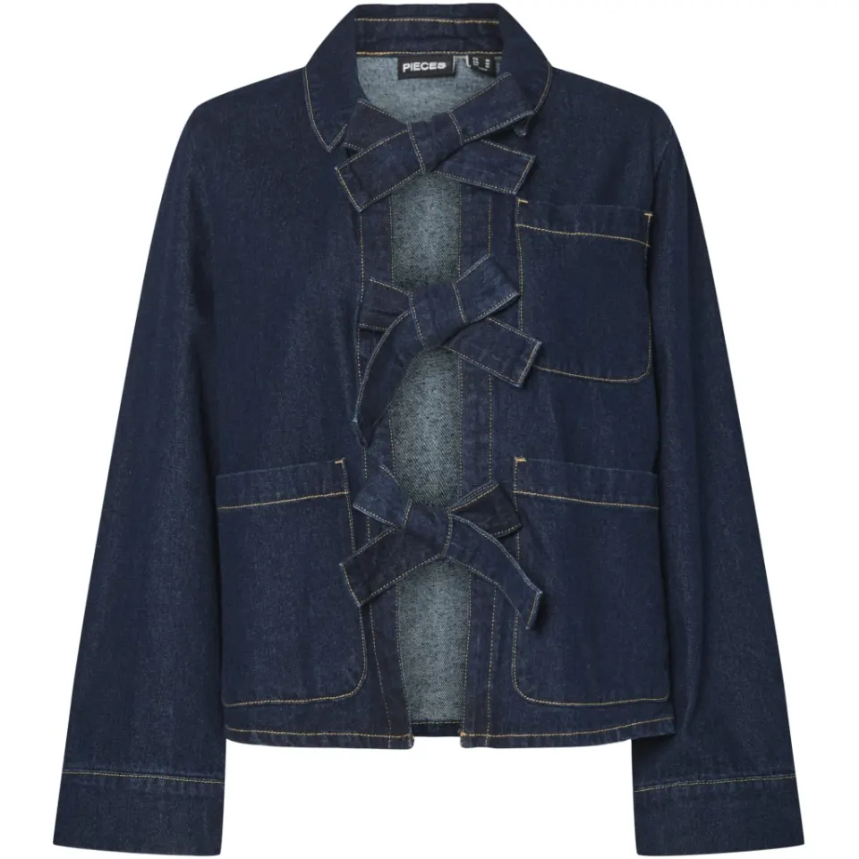 Pieces skjorte Pcofelia – Medium Blue Denim Black satin bow — produktfoto