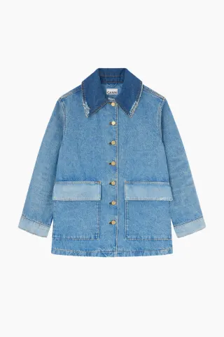 GANNI Patchwork Denim Midi Jacket A1010179 – Mid Blue Vintage — produktfoto