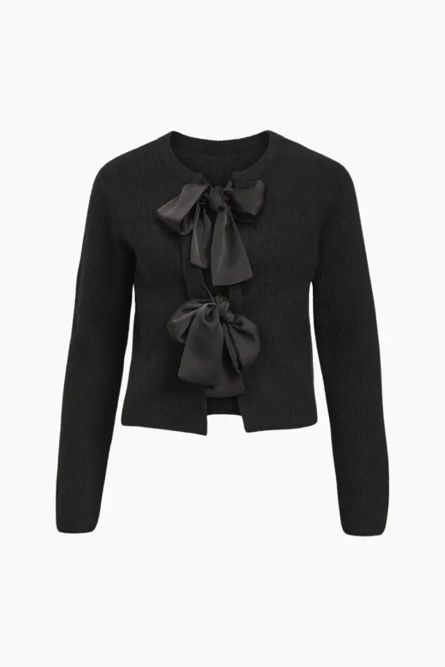 .Object Objparvi Sateen Bow Knit Cardigan Div - Black – Object — produktfoto