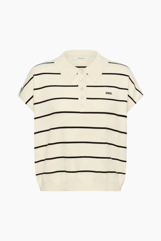 Gestuz GZsaia SS Polo Pullover – Egret/Black Striped — produktfoto